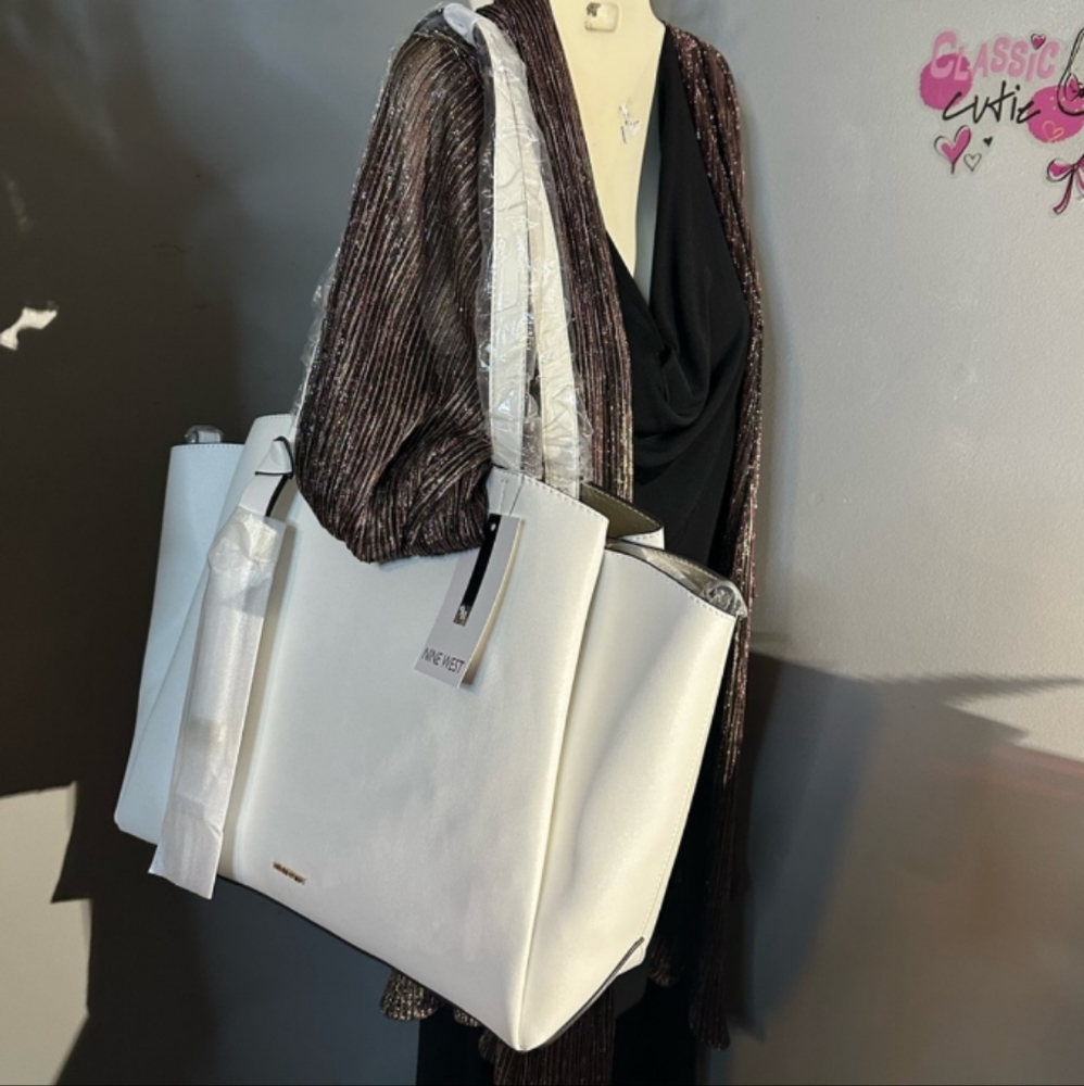 NWT Nine West Powder Me In White Large Purse Tote Bag NEW gold interior&hardware